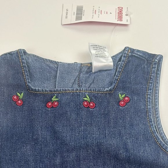 NWT Gymboree Girl Denim Pleated Cherry Jumper & Cherry Short Sleeve Cardigan 4 - Picture 3 of 8